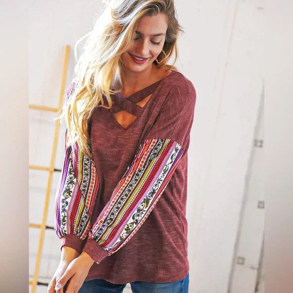 NEW Burgundy Thermal Criss Cross Neck Top, Boutique Fashion, New, S & M - Picture 1 of 8